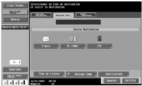 Liste Taches Verifier Tache Aperçu Destin. Multi-Diff. 1/ 1 Supprimer Veri. Regi. Tache Y M C K Selectionner un type de destination et saisir la destination. Carneb Aur écées Saisie dir. Rech. Aur écée Saisie Destination E-mail PC (SMB) FTP Type de Fichier Reglage Comm Applications Annuler EXECUTER 16/01/2007 08:50 Hemoire 0%