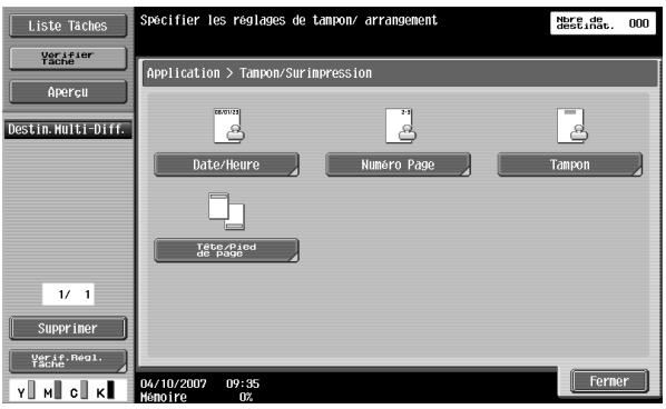 Liste Taches Verifier Tache Aperçu Destin: Multi-Diff. Application > Tampon/Surimpression Date/Heure Numero Page Tampon Tete Applied de page 1/ 1 Supprimer Ver if. Regl. Tache 04/10/2007 09:35 Mancire 0X Ferner