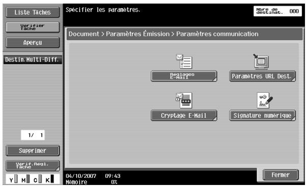 Liste Taches Verifier Tache Aperçu Destin.Multi-Diff. Document > Paramètres Émission > Paramètres communication 04/10/2007 09:43 Hemoire 0% Ferner Cryptage E-Mail Paramètres URL Dest. Signature numérique