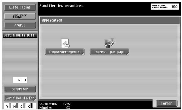 Liste Taches Verifier Tache Aperçu Destin.Multi-Diff. 1/ 1 Supprimer Verif Détail/Env 25/01/2007 17:51 Hemoire 0% Ferner Tabpon/Arrangement Impress. par page Presse de destin, 000