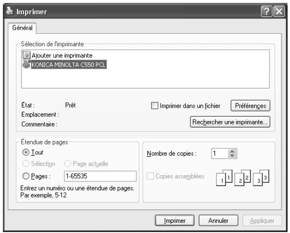 Imprimer Général Sélection de l'imprimante Ajouter une imprimante KONICA MINOLTA C550 PCL État : Prêt Emplacement : Commentaire : Imprimer dans un fichier Préférences Rechercher une imprimante... Étendue de pages Iout Sélection Page actuelle Pages : 1-65535 Nombre de copies : 1 Copies assemblées 1 2 3 Imprimer Annuler Appliquer