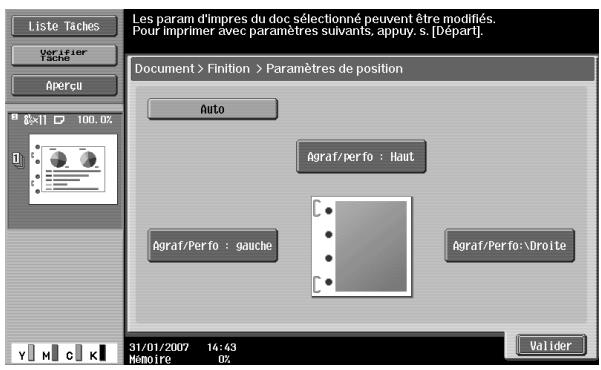 Liste Taches Verifier Tache Aperçii Document > Finition > Paramètres de position Auto Agraf/perfo : Haut Agraf/Perfo : gauche Agraf/Perfo:\Droite 31/01/2007 14:43 Nelloire OZ Valider