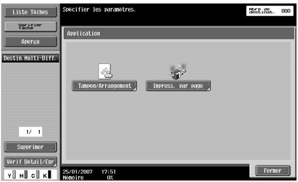 Liste Taches Verifier Tache Aperçu Destin. Multi-Diff. 1/ 1 Supprimer Verif Détail/Enr Y M C K Specifier les paramètres. Here de destinat. 000 Application Tampon/Arrangement Impress. par page 25/01/2007 17:51 Hemoire 0% Fermer