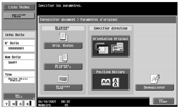 Liste Taches Verifier Tache Infos Boite N° Boite 000000001 Nom Boite box01 Type Boite Utili Public De Call Y M C K 04/10/2007 08:32 Monolre 0% Enregistrer document > Paramètres d'original Original special Orig. Mixtes Original Pile en z Original long Specifier direction Orientation Original Position Reliure Depoussierer Vo- Lider