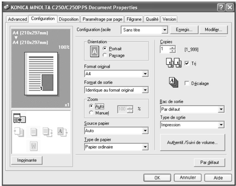KONICA MINOLTA C250P - Pour enregistrer les paramètres du pilote - 1