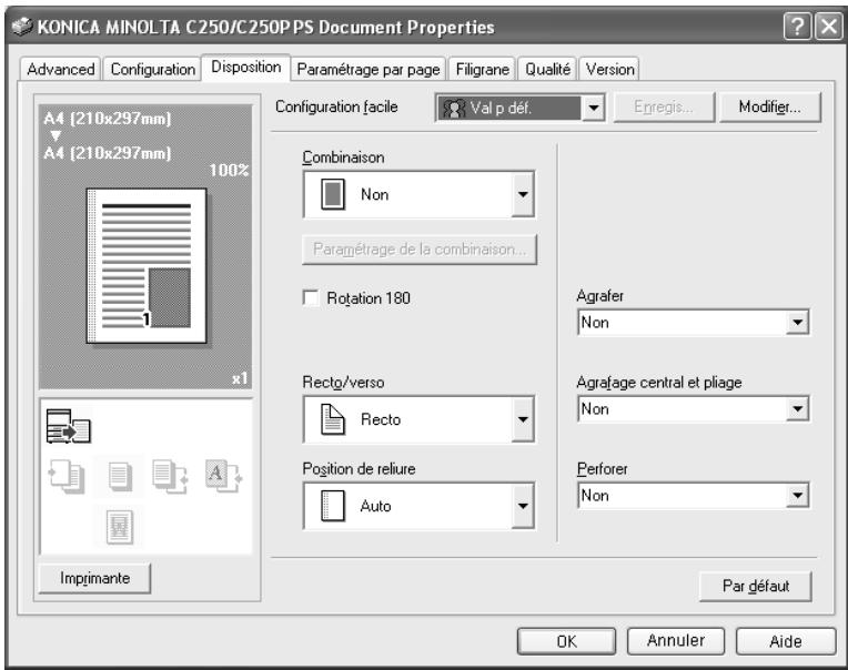 KONICA MINOLTA C250P - Spécifier les paramètres de l'onglet Disposition - 1