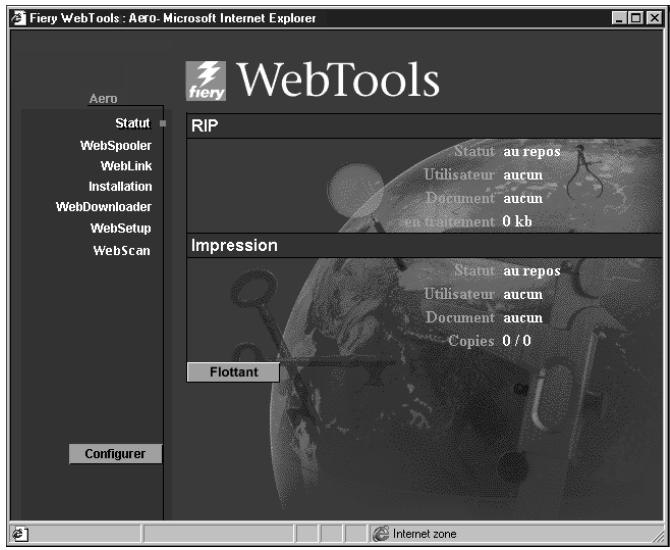 Fiery WebTools : Aero - Microsoft Internet Explorer Aero Statut WebSpoiler WebLink Installation WebDownloader WebSetup WebScan Configurer WebTools RIP Statut au repos Utilisateur aucun Document aucun en statement 0 kb Impression Statut au repos Utilisateur aucun Document aucun Copies 0 / 0 Flottant Internet zone