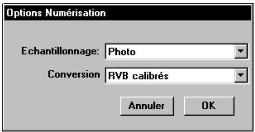 Options Numérisation Echantillonnage: Photo Conversion RVB calibrés Annuler OK