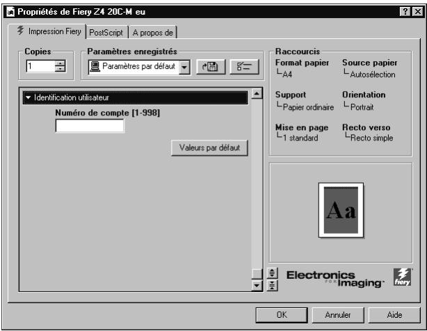 Propriétés de Fiery Z4 20C-M eu Impression Fiery PostScript A propos de Copies Paramètres enregistrés 1 Paramètres par défaut Identification utilisateur Numéro de compte [1-998] Valeurs par défaut Raccourcis Format papier Source papier A4 Autosélection Support Orientation Papier ordinaire Portrait Mise en page Recto verso 1 standard Recto simple Electronics Imaging OK Annuler Aide