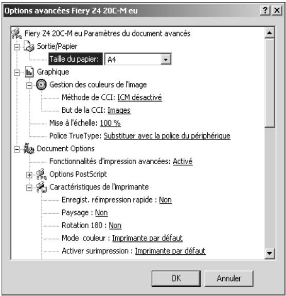 Options avancées Fiery Z4 20C-M eu Fiery Z4 20C-M eu Paramètres du document avancés Sortie/Papier Taille du papier: A4 Graphique Gestion des couleurs de l'image Méthode de CCI: ICM désactivé But de la CCI: Images Mise à l'échelle: 100 % Police TrueType: Substituer avec la police du périphérique Document Options Fonctionnalités d'impression avancées: Activé Options PostScript Caractéristiques de l'imprimante Enregist. réimpression rapide : Non Paysage : Non Rotation 180 : Non Mode couleur : Imprimante par défaut Activer surimpression : Imprimante par défaut OK Annuler