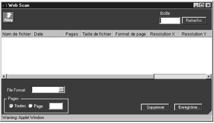 Web Scan fiery Boîte Rafraîhir Nom de fichier Date Pages Taille de fichier Format de page Resolution X Resolution Y File Format: Pages Toutet Page Supprimer Enregistrer... Warning: Applet Window