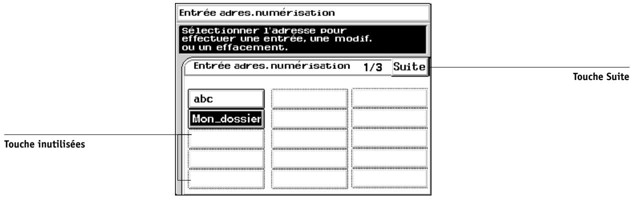 Entrée adres.numérisation Sélectionner l'adresse pour effectuer une entrée, une modif. ou un effacement. Entrée adres.numérisation 1/3 Suite abc Mon_dossier Touche Suite Touche inutilisées