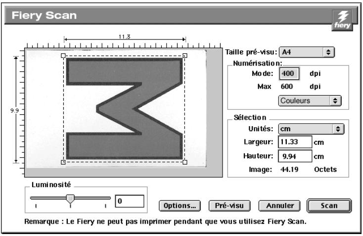 Fiery Scan 11.3 9.9 Taille pré-visu: A4 Numérisation: Mode: 400 dpi Max 600 dpi Couleurs Sélection Unités: cm Largeur: 11.33 cm Hauteur: 9.94 cm Image: 44.19 Octets Luminosité 0 Options... Pré-visu Annuler Scan Remarque : Le Fiery ne peut pas imprimer pendant que vous utilisez Fiery Scan.
