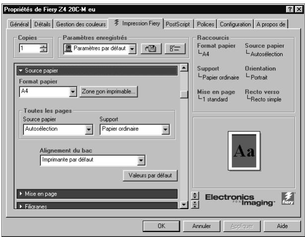 KONICA MINOLTA FIERY Z5 FOR CF2001 - Cliquez sur la barre des options d'impression Source papier. - 1