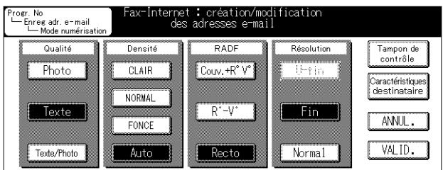 Fax-Internet : création/modification des adresses e-mail Progr. No Enre adr. e-mail Mode numérisation Qualité Photo Texte Texte/Photo Densité CLAIR NORMAL FONCE Auto RADF Couv.+R°V° R' -V° Recto Résolution U-tin Fin Normal Tampon de contrôle Caractéristiques destinataire ANNUL. VALID.