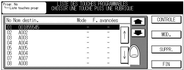 Liste touches proer LISTE DES TOUCHES PROGRAMMABLES CHOISIR UNE TOUCHE PUIS UNE RUBIQUE No Nom destin. Mode F. avancées 01 001855545 02 A002 03 A003 04 A004 05 A005 06 A004 07 A007 08 A008 CONTROLE MOD. SUPPR. FIN