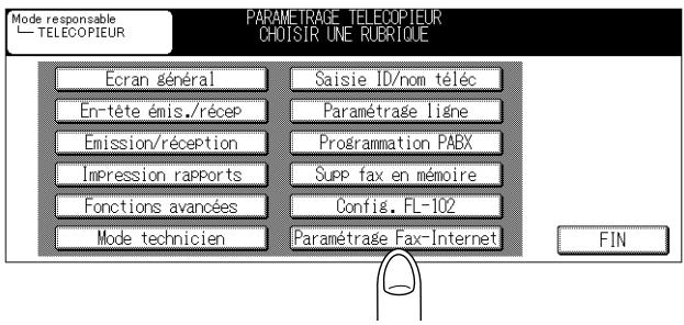 Mode responsable TELECOPIEUR PARAMÉTRAGE TELECOPIEUR CHOISIR UNE RUBRIQUE Écran général En-tête émis./récep Emission/réception Impression rapports Fonctions avancées Mode technicien Saisie ID/nom téléc Paramétrage liigne Programmation PABX Supp fax en mémoire Config. FL-102 Paramétrage Fax-Internet FIN