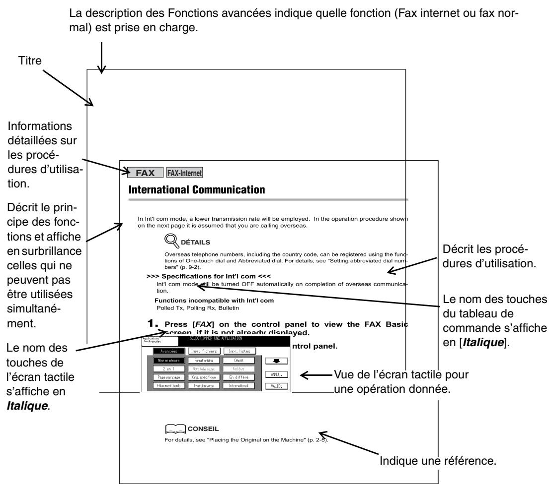 La description des Fonctions avancées indique quelle fonction (Fax internet ou fax normal) est prise en charge. Titre Informations détaillées sur les procédures d'utilisation. Décrit le principe des fonctions et affiche en surbrillance celles qui ne peuvent pas être utilisées simultanément. Le nom des touches de l'écran tactile s'affiche en Italique. International Communication In Int'l com mode, a lower transmission rate will be employed. In the operation procedure shown on the next page it is assumed that you are calling overseas. DÉTAILS Overseas telephone numbers, including the country code, can be registered using the functions of One-touch dial and Abbreviated dial. For details, see "Setting abbreviated dial numbers" (p. 9-2). >>> Specifications for Int'l com << Int'l com mode will be turned OFF automatically on completion of overseas communication. Functions incompatible with Int'l com Polled Tx, Polling Rx, Bulletin 1. Press [FAX] on the control panel to view the FAX Basic screen if it is not already displayed. Conseil For details, see "Placing the Original on the Machine" (p. 2-5). Indique une référence. Décrit les procédures d'utilisation. Le nom des touches du tableau de commande s'affiche en [Italique]. Vue de l'écran tactile pour une opération donnée.