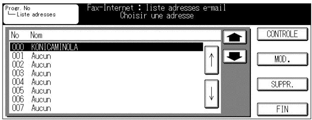 Proer. No —Liste adresses Fax-Internet : liste adresses e-mail Choisir une adresse No Nom 000 KONICAMINOLA 001 Aucun 002 Aucun 003 Aucun 004 Aucun 005 Aucun 006 Aucun 007 Aucun CONTROLE MOD. SUPPR. FIN