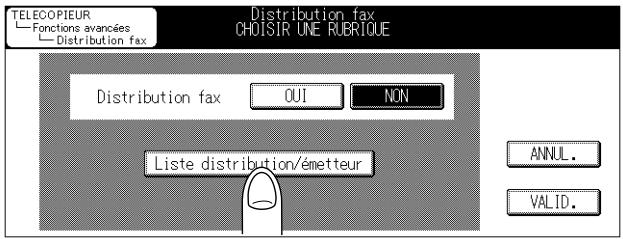 TELECOPIEUR Fonctions avancées Distribution fax Distribution fax OUI NON Liste distribution/émetteur ANNUL. VALID.