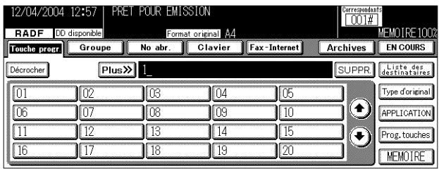 12/04/2004 12:57 PRET POUR EMISSION RADF DD disponible Format original A4 Correspondants [001#] Touche progr Groupe No abr. Clavier Fax-Internet Archives EN COURS Décrocher Plus>> 1_ SUPPR Liste des destinataires 01 02 03 04 05 06 07 08 09 10 11 12 13 14 15 16 17 18 19 20 Type d'original APPLICATION Prog. touches MEMOIRE