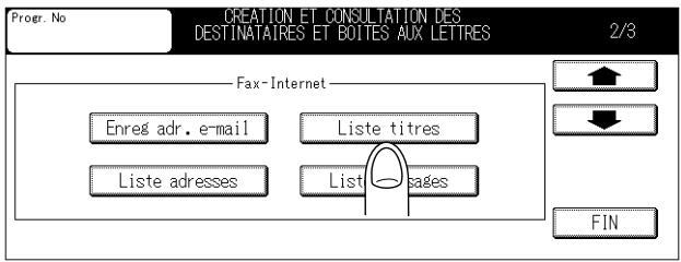 PROGR. No CREATION ET CONSULTATION DES DESTINATAIRES ET BOITES AUX LETTRES 2/3 Fax-Internet Enreg adr. e-mail Liste titres Liste adresses Liste messages FIN