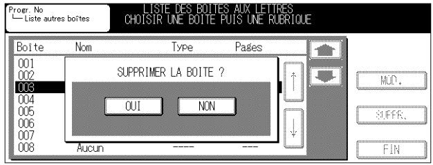 Progr. No Liste autres boîtes LISTE DES BOITES AUX LETTRES CHOISIR UNE BOITE Puis UNE RUBRIQUE Boîte Nom Type Países 001 SUPPRIMER LA BOITE ? 002 003 004 OUI NON 005 006 007 008 Aucun ---- ---- MUD. SUFFER. FIN
