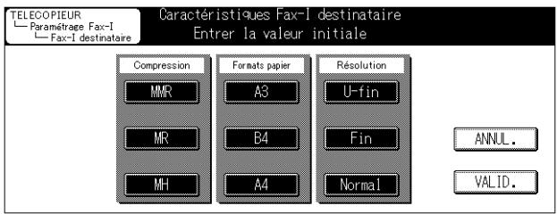 TELECOPIEUR Paramétrage Fax-I Fax-I destinataire Caractéristiques Fax-I destinataire Entrer la valeur initiale Compression MMR A3 MR B4 MH A4 Résolution U-fin Fin Normal ANNUL. VALID.