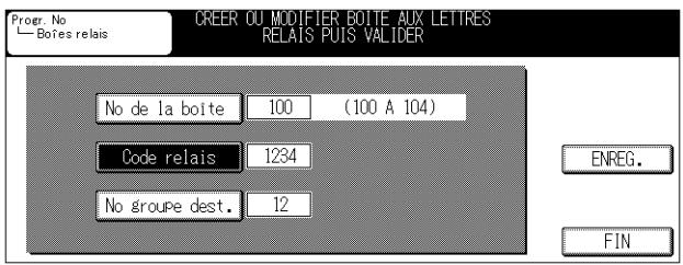 Progr. No Boîes relais CREER OU MODIFIER BOITE AUX LETTRES RELAIS Puis VALIDER No de la boîte 100 (100 A 104) Code relais 1234 No groupe dest. 12 ENREG. FIN