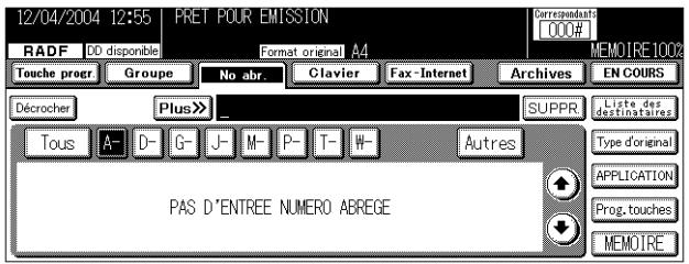 12/04/2004 12:55 PRET POUR EMISSION Correspondent RADF DD disponible Format original A4 000# MEMOIRE 1002 Touche progr Groupe No abr Clavier Fax-Internet Archives EN COURS Décrocher Plus>> SUPPR. Liste des Tous A- D- G- J- M- P- T- W- Autres Type d'original APPLICATION Prog. touches MEMOIRE PAS D'ENTREE NUMERO ABREGE