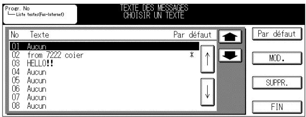 Progr. No Liste textes(Par-Internet) TEXTE DES MESSAGES CHOISIR UN TEXTE No Texte Par défaut 01 Aucun 02 from 7222 coier * 03 HELLO!! 04 Aucun 05 Aucun 06 Aucun 07 Aucun 08 Aucun Par défaut MOD. SUPPR. FIN