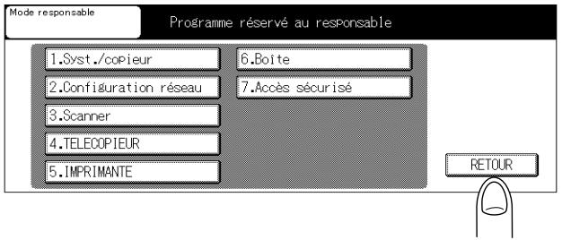 Mode responsable Programme réservé au responsable 1.Syst./copieur 6.Boîte 2.Configuration réseau 7.Accès sécurisé 3.Scanner 4.TELECOPIEUR 5.IMPRIMANTE RETOUR