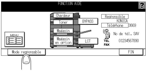 FONCTION AIDE Chargeur Toner BYPASS Magasin Magasin en option LCT RESPONSIBLE KONICA Téléphone 3669 No de tél. SAV TEL FAX 01234567890 MENU Mode responsable FIN