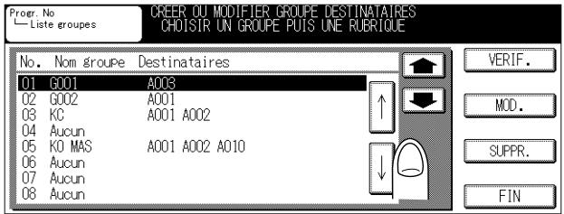 Progr. No Liste groupes CREER OU MODIFIER GROUPE DESTINATAIRES CHOISIR UN GROUPE PUIS UNE RUBRIQUE No. Nom groupe Destinataires 01 G001 A003 02 G002 A001 03 KC A001 A002 04 Aucun 05 KO MAS A001 A002 A010 06 Aucun 07 Aucun 08 Aucun VERIF. MOD. SUPPR. FIN
