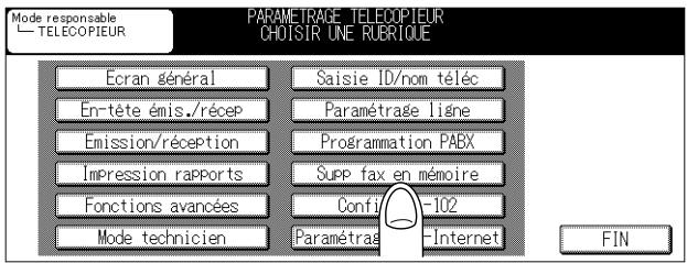 Mode responsable TELECOPIEUR PARAMETRAGE TELECOPIEUR CHOISIR UNE RUBRIQUE Écran général Saisie ID/nom téléc En-tête émis./récep Paramétrage ligne Emission/réception Programmation PABX Impression rapports Supp fax en mémoire Fonctions avancées Confi- 102 Mode technicien Paramétrage -Internet FIN