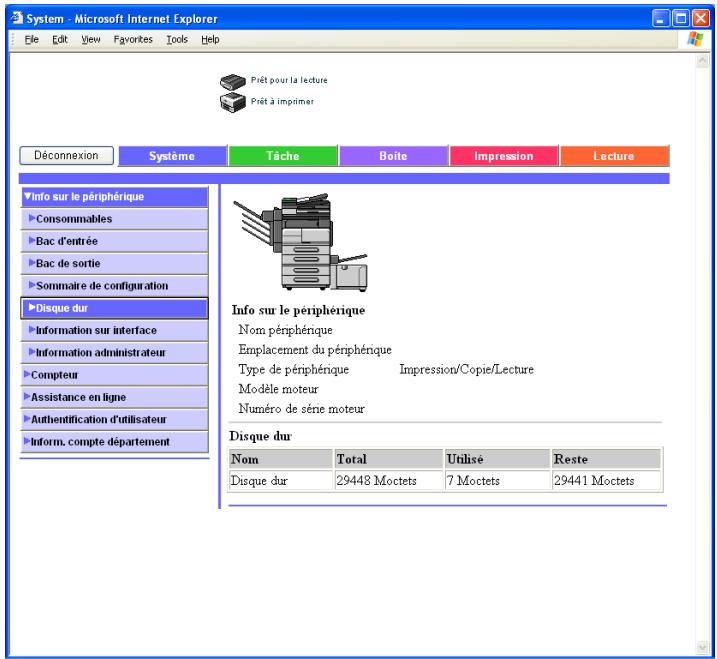 KONICA MINOLTA IC 204 PH2 CONTROLLER - Onglet Système – Info sur le périphérique – Disque dur - 1