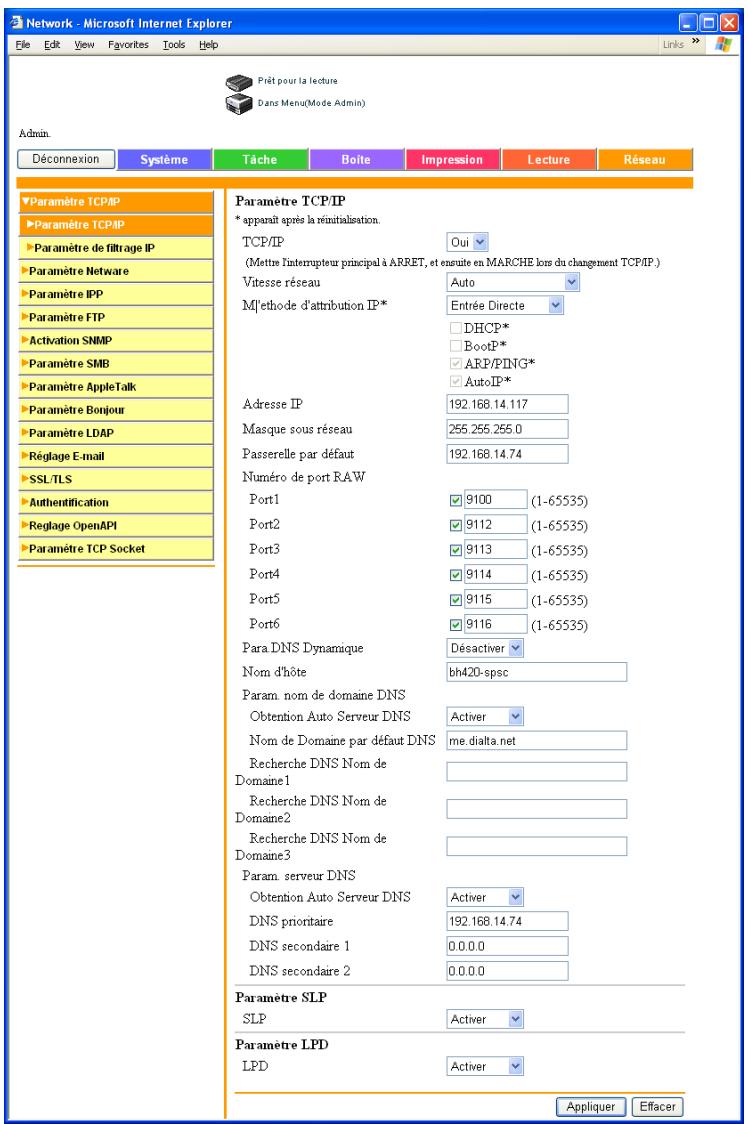 KONICA MINOLTA IC 204 PH2 CONTROLLER - Onglet Réseau – Paramètre TCP/IP – Paramètre TCP/IP - 1