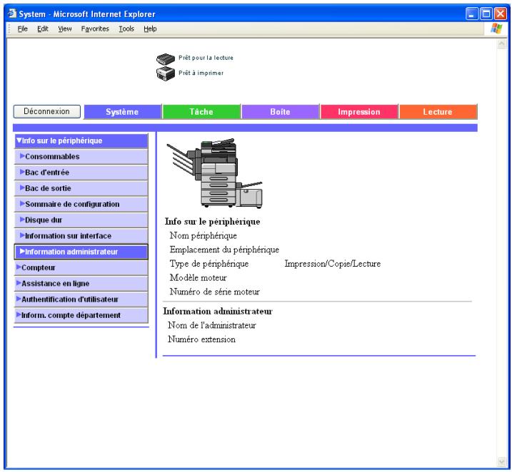 KONICA MINOLTA IC 204 PH2 CONTROLLER - Onglet Système – Info sur le périphérique – Information administrateur - 1
