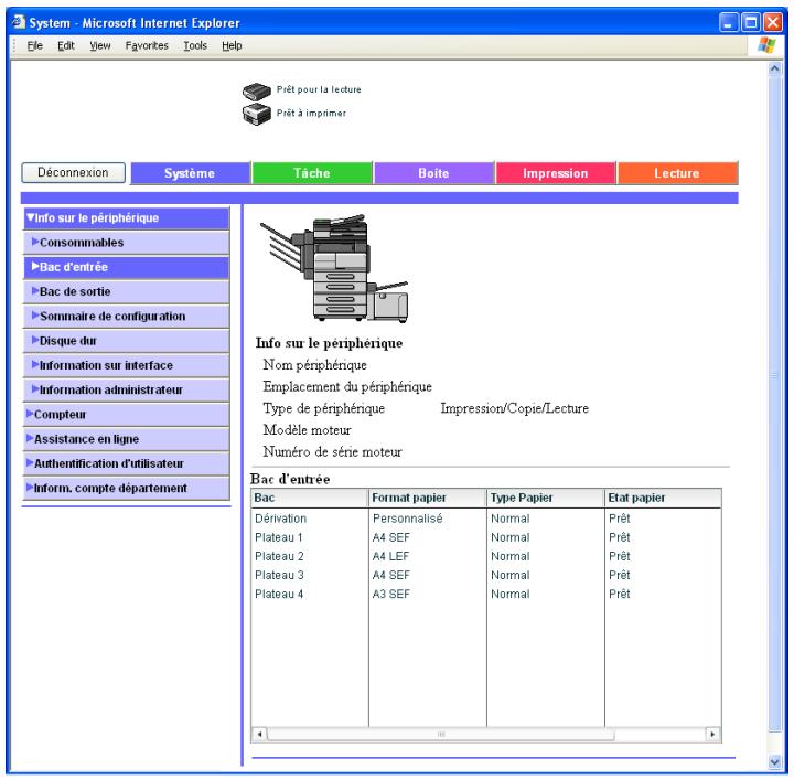 KONICA MINOLTA IC 204 PH2 CONTROLLER - Onglet Système – Info sur le périphérique – Bac d'entrée - 1