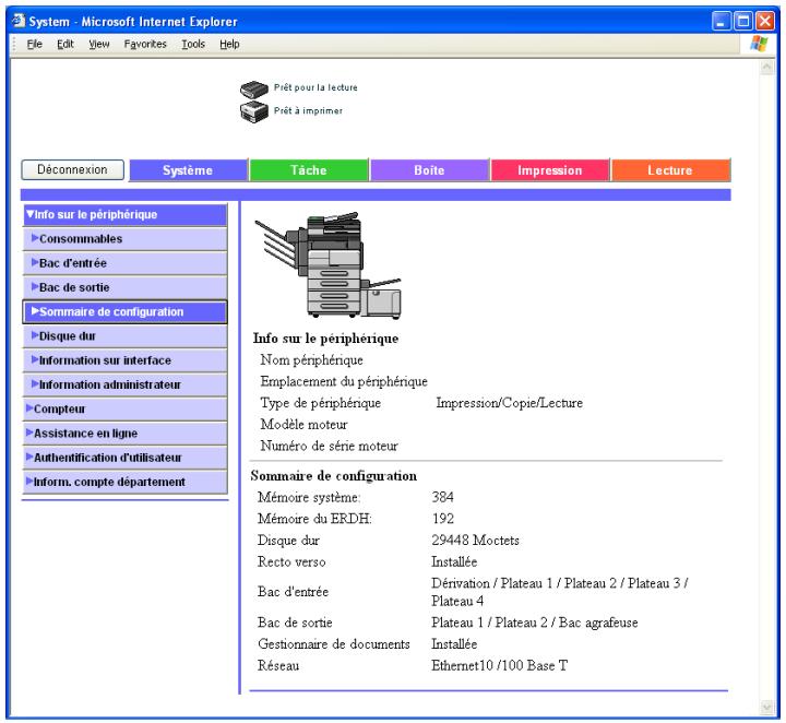 KONICA MINOLTA IC 204 PH2 CONTROLLER - Onglet Système – Info sur le périphérique – Sommaire de configuration - 1
