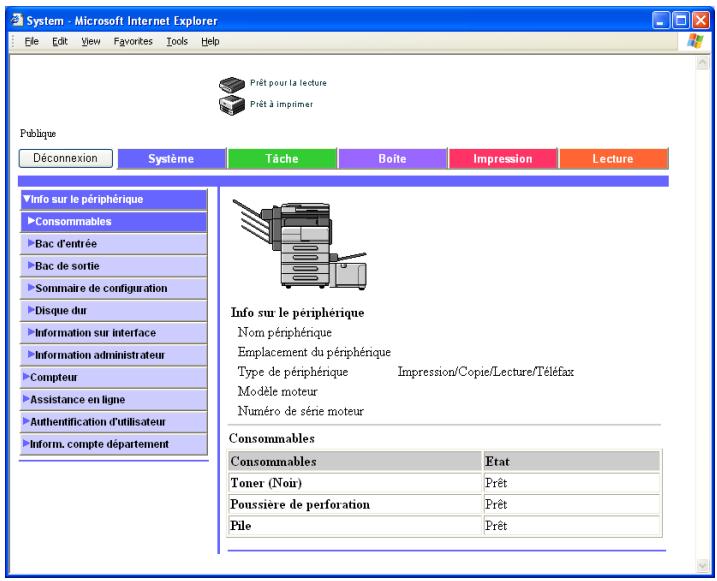 KONICA MINOLTA IC 204 PH2 CONTROLLER - Onglet Système – Info sur le périphérique – Consommables - 1