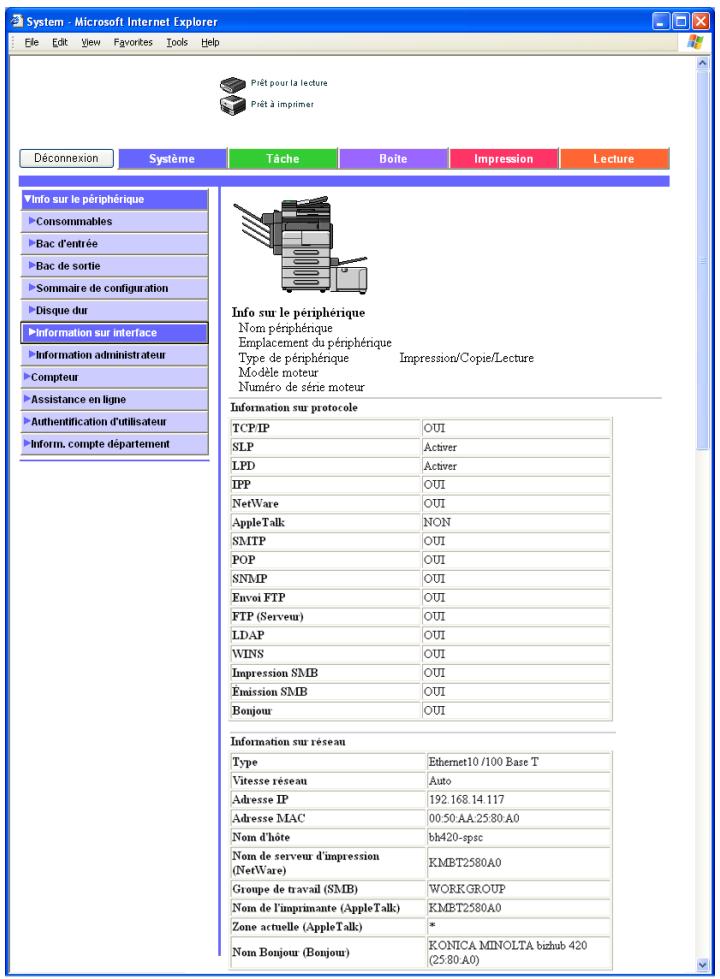KONICA MINOLTA IC 204 PH2 CONTROLLER - Onglet Système – Info sur le périphérique – Information sur interface - 1