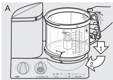 BRAUN COMBIMAX 650 - Attaching the food processor bowl ⑥ and the lid ⑦ - 1