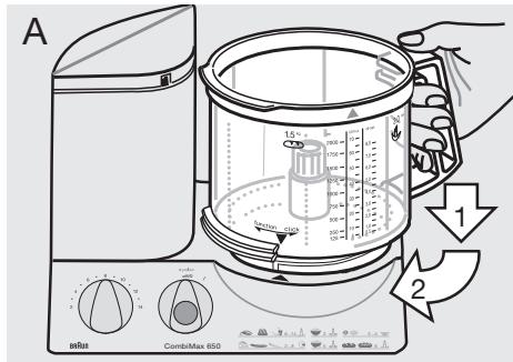 BRAUN COMBIMAX 650 - Zaktadanie pojemnika universsalnego ⑥ iPokrywki ⑦ - 1