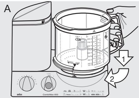 BRAUN COMBIMAX 650 - Bevestigen van de foodprocessorkom ⑥ en de deksen ⑦ - 1