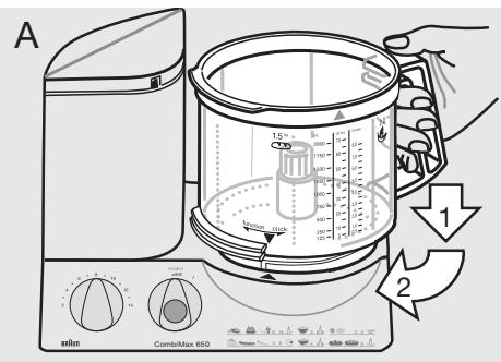 BRAUN COMBIMAX 650 - Mise en place du bol universal ⑥ et du couvercle ⑦ - 1