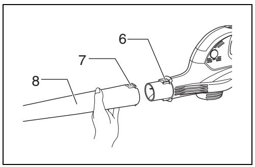 Technical diagram showing a hand holding a cable with labeled parts 6, 7, and 8, alongside a close-up of a mechanical component.