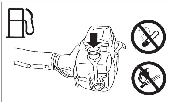 Safety warning illustration showing a hand using a fuel pump to prevent a cigarette, with no smoking and fire symbol indicated.
