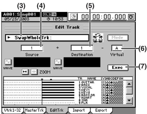 KORG D32XD - Ex. Echanger les données de la piste virtuelle "A" de la piste 1 avec celles de la piste virtuelle B de la piste 2 - 1