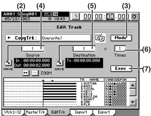 KORG D32XD - Copier trois fois la zone IN-OUT de la piste 1 dans l'emplacement TO de la piste 2 - 2